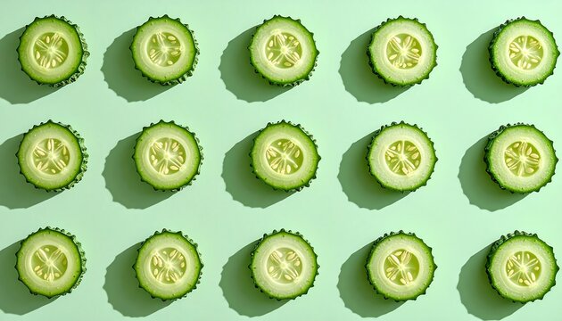 Creative Geometric Flat Lay of Fresh Bitter Melon Slices on Modern Minimal Food Background