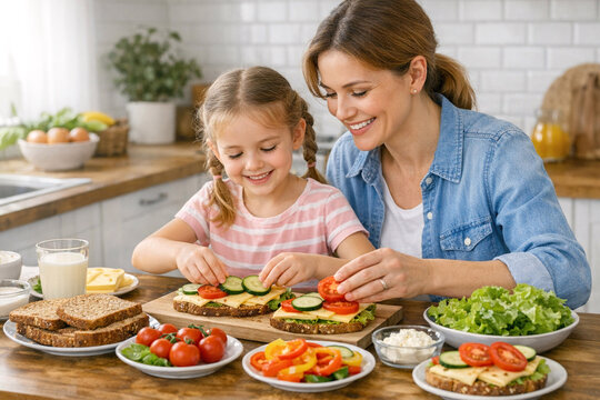 A mother and her daughter preparing ingredients on the counter for making sandwiches with vegetables.