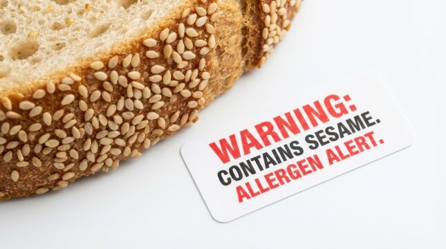 Sliced sesame seed bread with warning label contains sesame allergen alert for food safety poster and packaging design