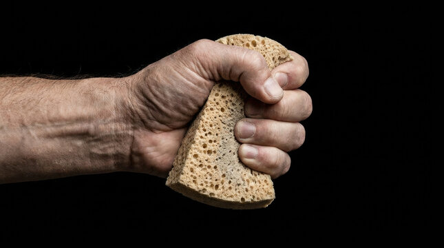 Hand squeezing sponge symbolizing economic pressure and recession impact on resources and stability in challenging times