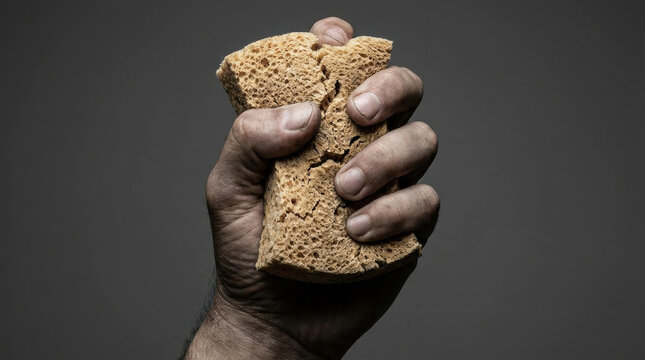 Economic struggle recession concept with hand squeezing dry sponge symbolizing hardship and scarcity