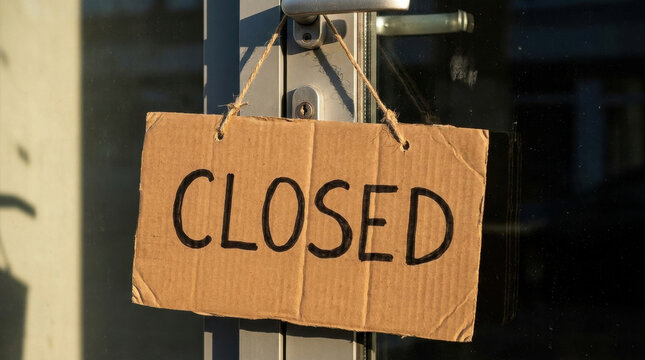 Closed sign cardboard door glass business economic recession shutdown lock rope store shop retail entrance no entry closure no business no