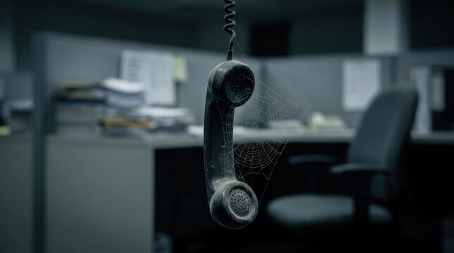 Old telephone handset with spider web hanging in abandoned office showing economic recession and decline