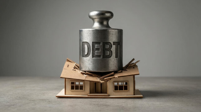 Debt weight on house model shows economic recession pressure on property market and financial burden on homeowners