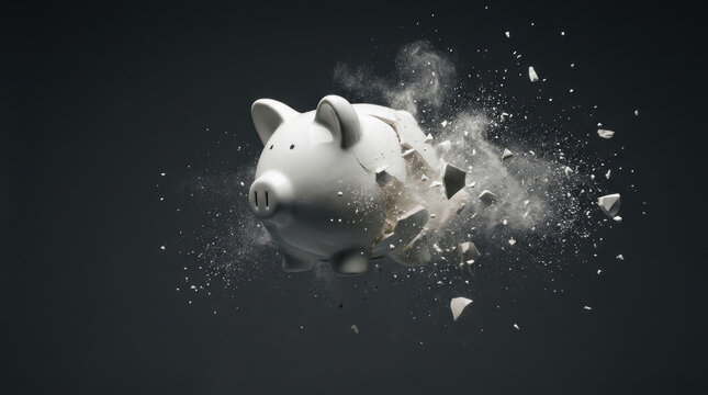 Broken piggy bank shatters into pieces symbolizing economic challenges and recession impact on savings and financial stability in dark background