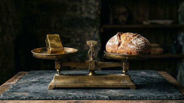 Bread and gold bar balanced on vintage scale symbolizing food security and economic crisis in rustic setting