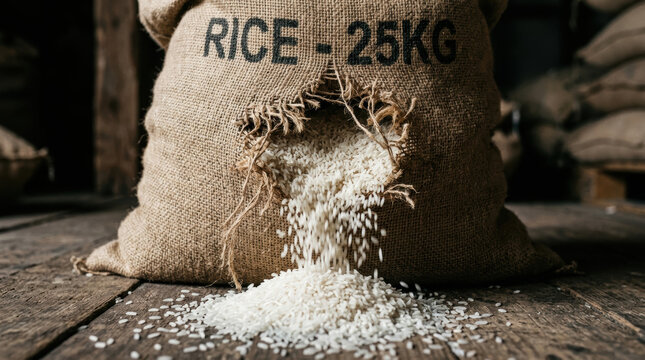 Rice food spilling from torn sack on wooden floor highlights food security crisis in storage and supply chain management