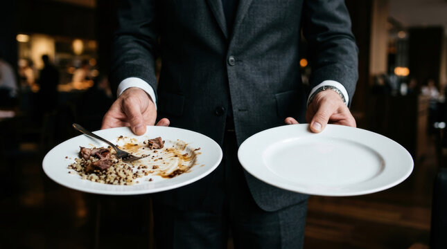 Man holding two plates one with leftover food and one empty highlighting food security crisis