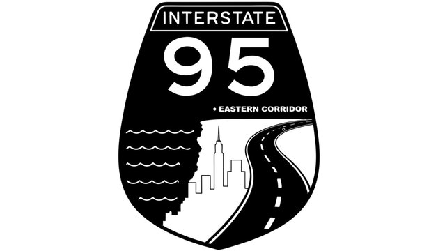 Very beautiful black and white realistic vector of an American interstate highway sign featuring Atlantic coast, city skyline and eastern roadway, INTERSTATE 95 &bull; EASTERN CORRIDOR, detailed linework, 