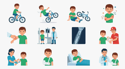 Fototapeta premium Professional Illustrated Guide to Child Bicycle Accident Medical Care Process with Colorful Characters and Stages
