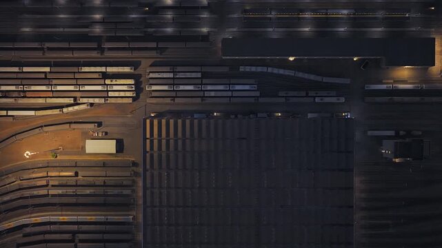Aerial view of a train depot at night with rows of parked trains and illuminated tracks in Rome, Lazio, Italy.