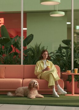 Young woman sitting on a pink couch in a modern living room with a large window in the background. she is wearing a yellow dress and white sneakers, and is holding a cup of coffee in her hand.
