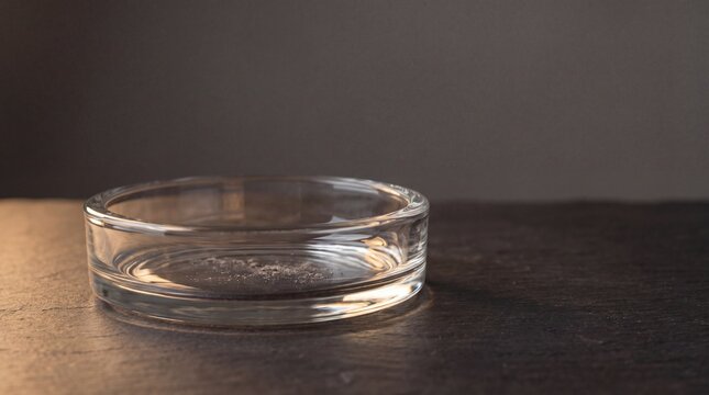 Transparent glass ashtray on dark stone tabletop  