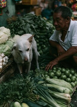 Elderly man sitting in front of a pile of fresh vegetables. he is wearing a white shirt and appears to be in his late 60s or early 70s.