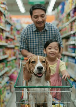 Father and daughter in a supermarket aisle. the father is pushing a shopping cart with a beagle dog in it.