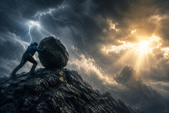 Man Pushing A Giant Boulder Under Dramatic Storm Clouds