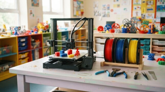 Desktop 3d printer, colorful filament spools, printed models, and design tools on a classroom workbench for stem learning