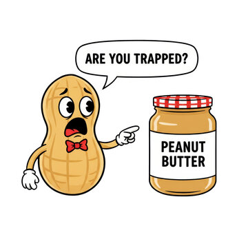 Funny cartoon peanut character looking scared at a jar of peanut butter with a speech bubble