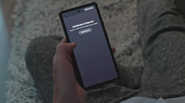 Person rejecting unwanted telemarketing robocall and adding number to spam registry on mobile phone, concept of digital protection, privacy, and cyber fraud defense