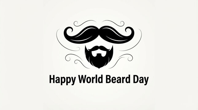 Black vintage mustache and beard logo design. Happy World Beard Day text label. Vector illustration for barbershop, grooming, masculinity. Retro hipster style decoration.