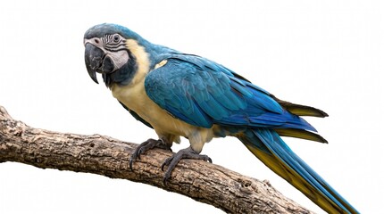 Tropical blue macaw bird perched gracefully on a lichen covered branch isolated on a solid white background © Blessing