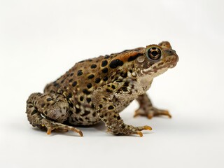 Naklejka premium Close-up of a spotted brown toad sitting on a white background in natural light