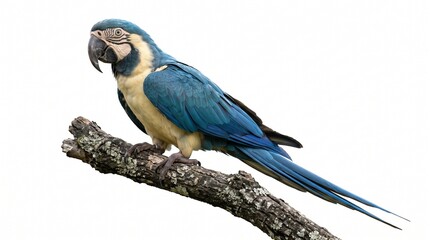 Tropical blue macaw bird perched gracefully on a lichen covered branch isolated on a solid white background © Blessing