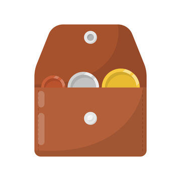Leather Coin Purse with Copper, Silver, and Gold Coin Flat Illustration. Money Pouch Design Element Isolated on White Background