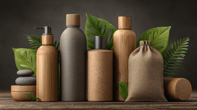 Natural organic skincare product collection with eco friendly bamboo packaging on wooden surface.