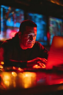It security operator monitoring systems in a control room with laptop and multiple displays for cybersecurity operations background