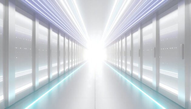 Futuristic white data center corridor 3D render with glowing server racks and bright neon lights for cloud computing network