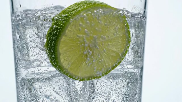 Refreshing Sparkling Water Glass Featuring A Fresh Lime Slice And Chilled Ice Cubes For A Crisp Hydration Concept
