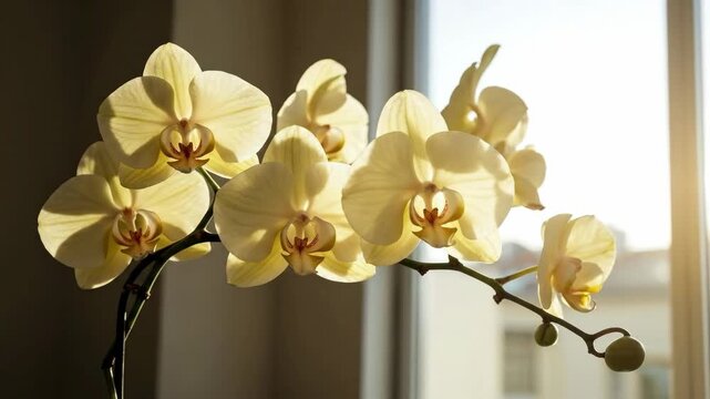 Elegant yellow orchids bathed in warm sunlight by a window, creating a serene indoor scene.