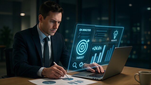 Businessman analyzing q4 financial data on a glowing holographic interface