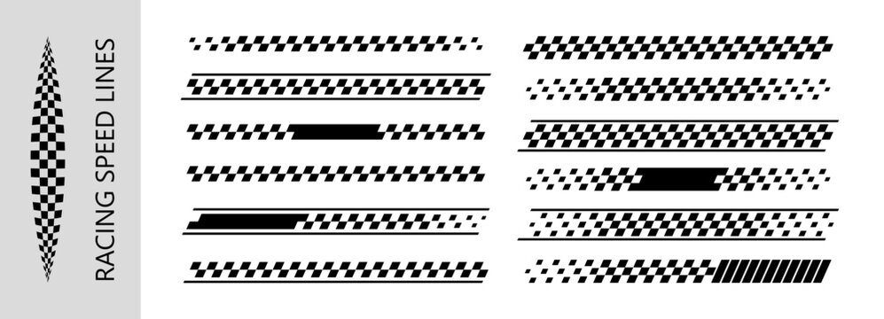 Racing stripes car checker speed lines with sport board pattern. Checkered graphic track banner frame black design vector border. Finish race ribbon icon decal pack