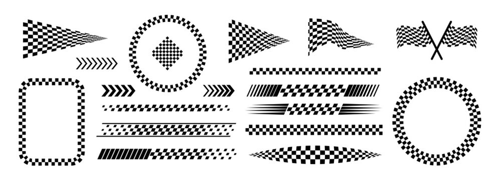 Racing stripes car checker speed lines with sport board pattern. Checkered graphic track banner frame black design vector border. Finish race ribbon icon decal pack