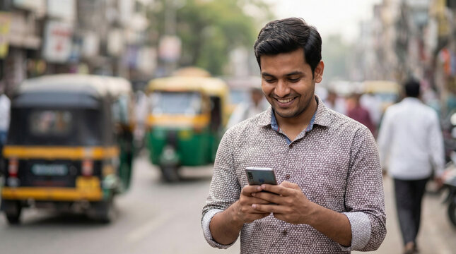 Smiling Indian man using smartphone on busy urban city street with yellow auto rickshaws in background daylight