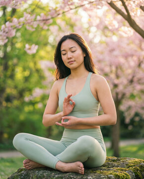 Asian woman meditating in lotus position under blooming cherry blossoms in spring park warm natural light