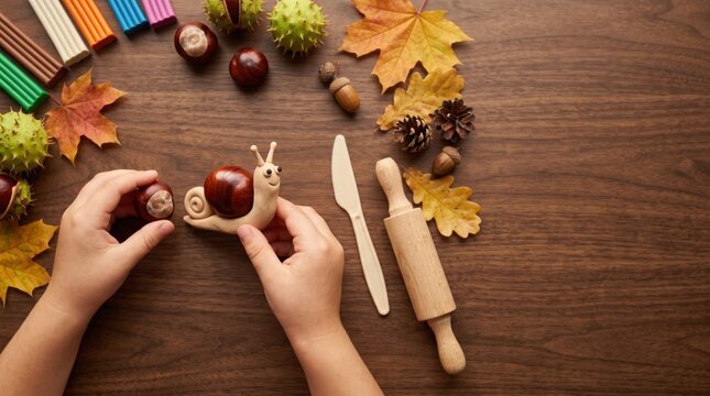 Child making a cute snail craft from chestnuts in kindergarten, developing fine motor skills, creativity and hand coordination through a fun autumn activity