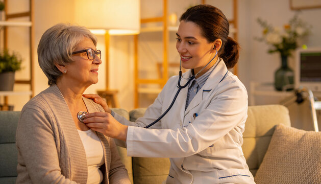 Young female doctor checking senior woman heart with stethoscope during medical home visit in cozy warm light