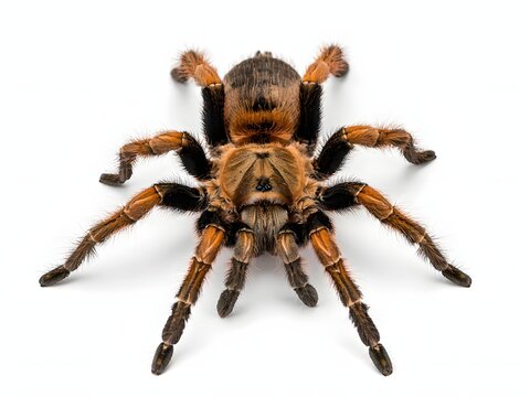 Close-up macro shot of a large brown and black hairy tarantula spider isolated on white background