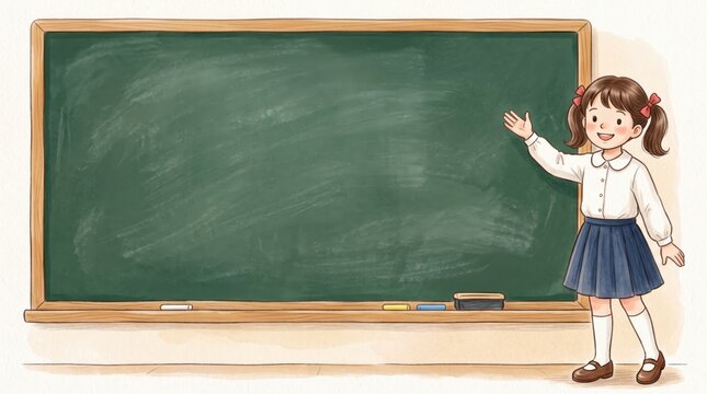 Back to School illustration with a cute schoolgirl beside a large blank chalkboard, empty space for text, school background and education concept