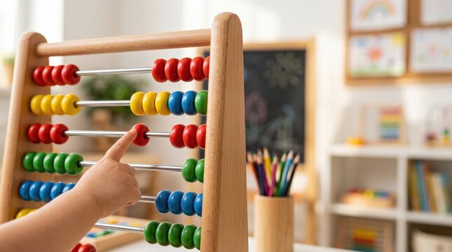 Small child moving colorful beads on a wooden abacus in a bright kindergarten classroom, developing fine motor skills, hand coordination, concentration and early learning abilities