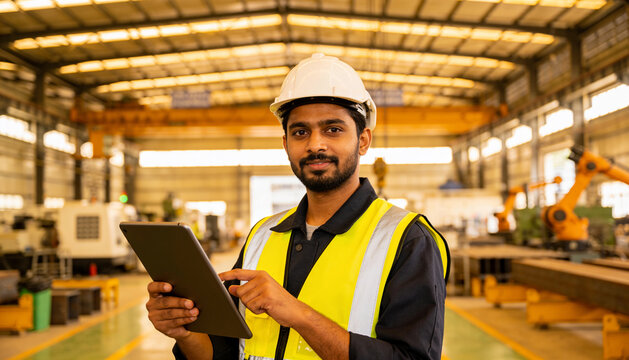 Indian male industrial engineer smiling while using digital tablet in modern factory workshop with robotic arm