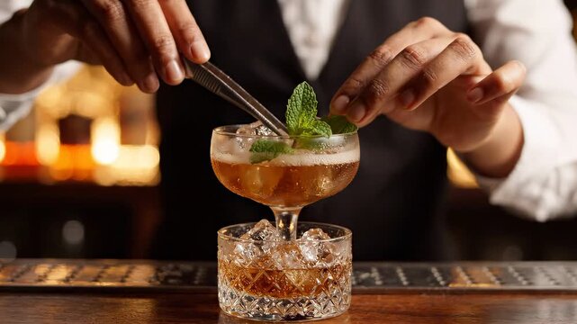 Bartender skillfully garnishing a craft cocktail with fresh mint leaves in a sophisticated bar
