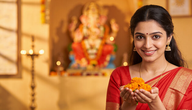 Smiling Indian woman wearing red saree holding marigold flowers for Ganesha puja at home with warm festive lighting