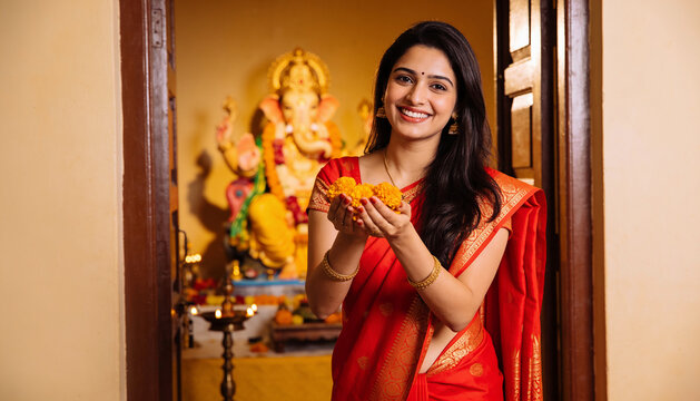 Smiling Indian woman in red saree holding marigold flowers in front of Ganesha statue during festive celebration