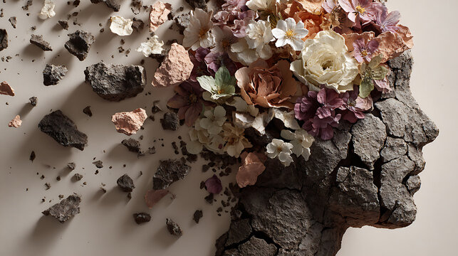 Conceptual portrait of a human head formed from cracked stone and delicate flowers, symbolizing mental health, emotional healing, resilience, inner strength, trauma and recovery