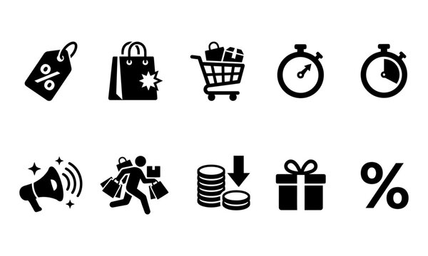 Shopping sale icon set. discount price tag, shopping bag with star badge, full shopping cart, stopwatch timer, fast deal timer, promotion megaphone, running shopper carrying bags, coin stack price dro