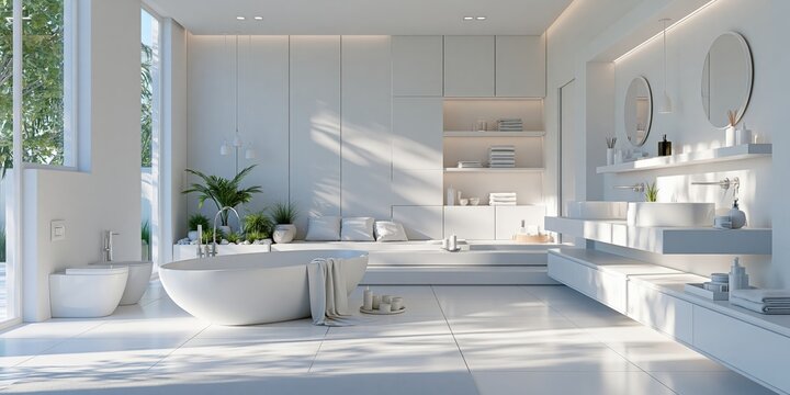 Bright minimalist bathroom showcasing a large tub, floating sinks, and green plants, emphasizing modern design and natural light